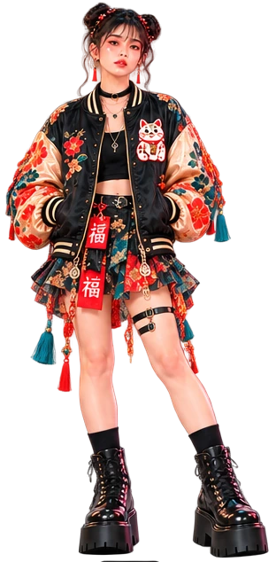 和柄のスカジャンを着た、shiromaruの世界のキャラクター